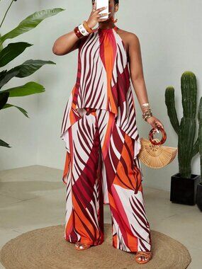 Boho Vacation Halter Asymmetric Hem Top and Wide Leg Pants Set